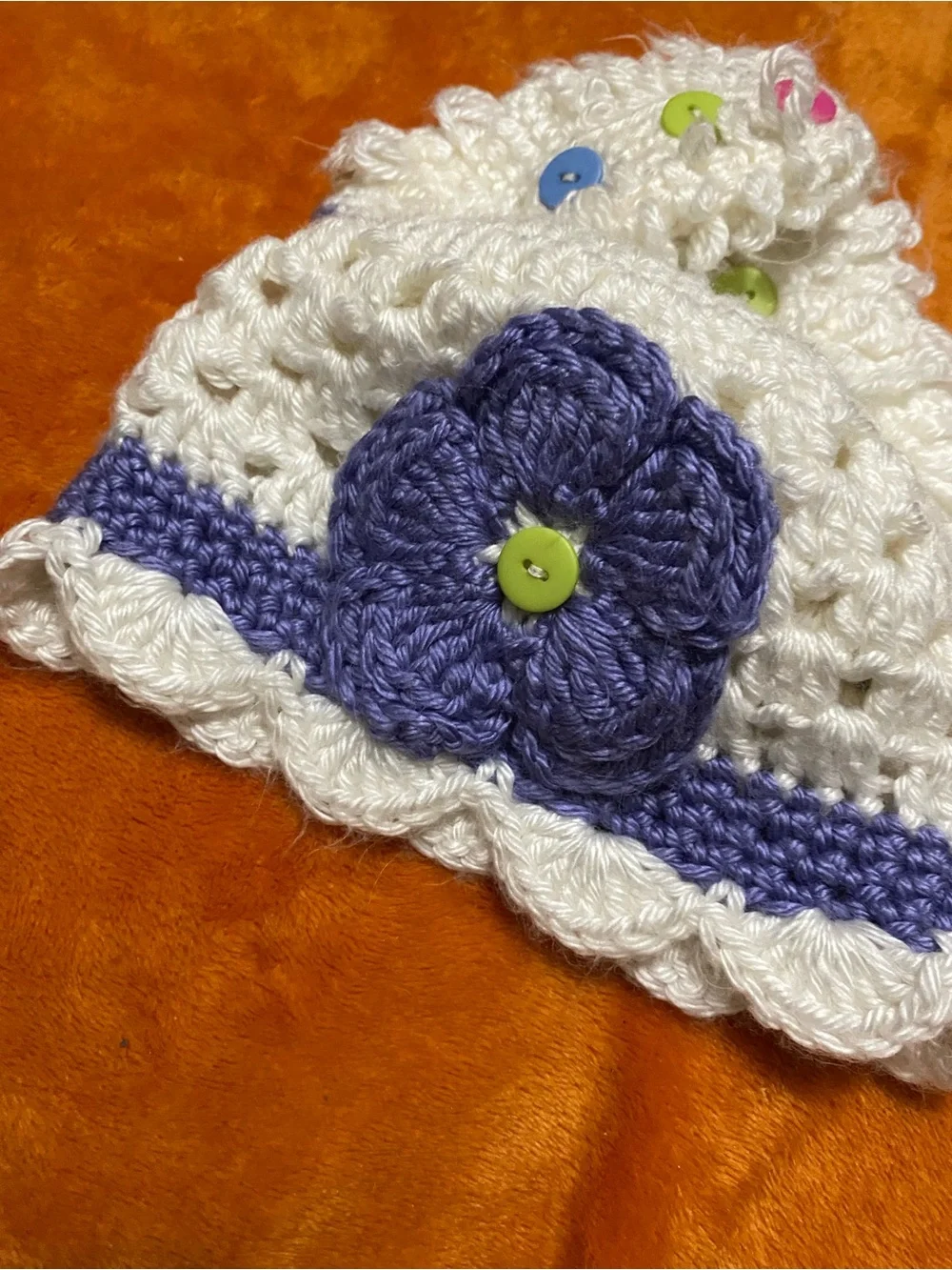 White and Purple Crochet Baby Hat and Booties Set with Colorful Buttons